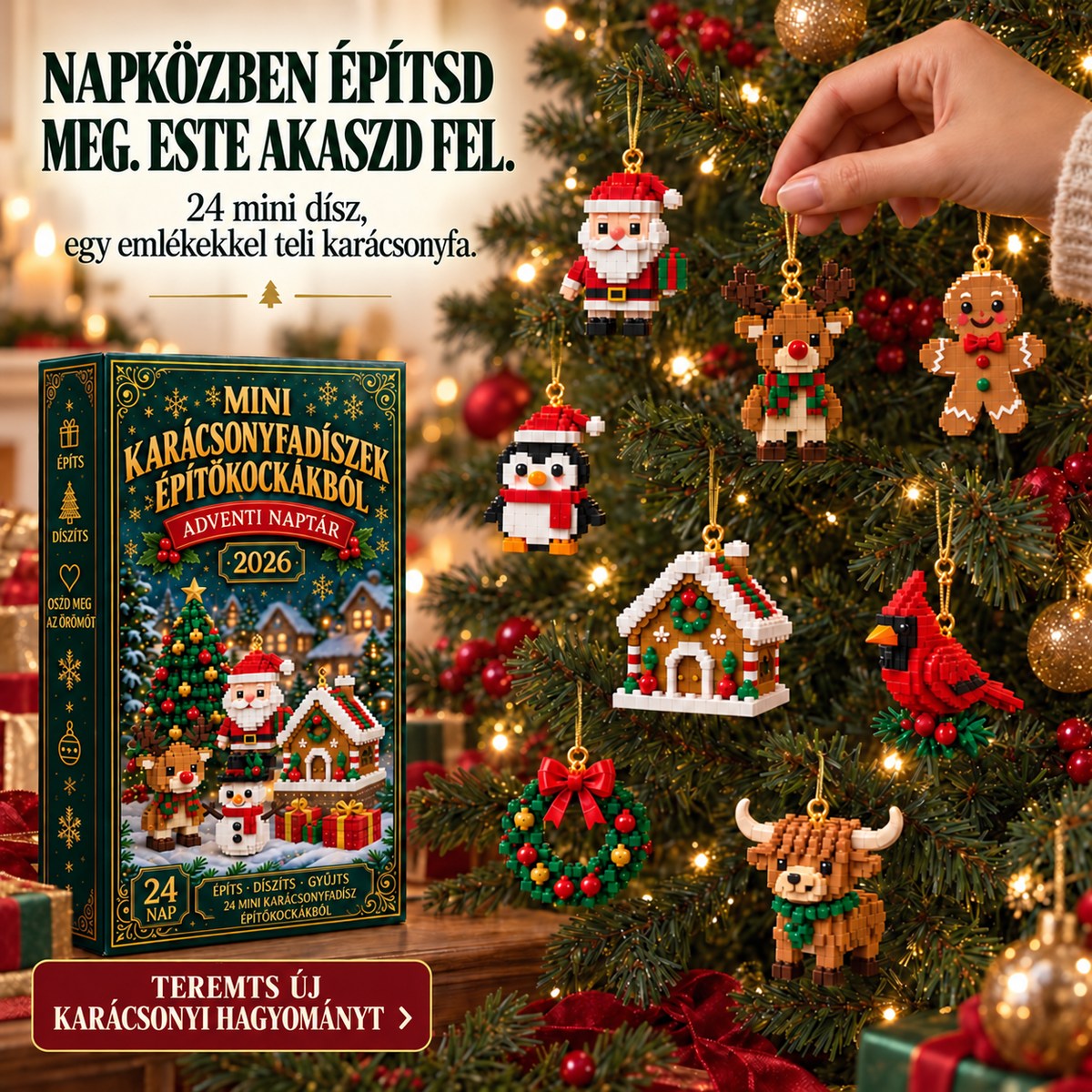 Adventi naptár 24 mini karácsonyfadísszel építőkockákból