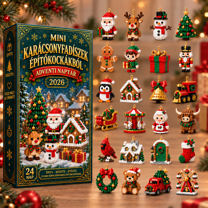 Adventi naptár 24 mini karácsonyfadísszel építőkockákból